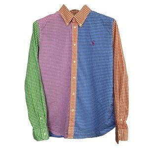 Ralph Lauren Dress Shirt Boys 14 XL Colorblock Gingham Custom Fit Long Sleeve